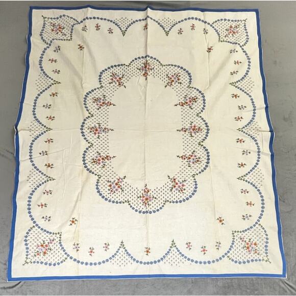 Vtg Hand Embroidered Tablecloth 58 x 66.5” Ivory Cloth With Floral Embroidery FS - Picture 1 of 10